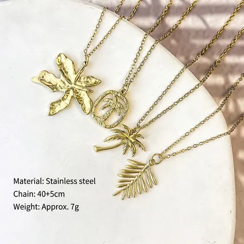 Collier Pendentif Arbre De Noix De Coco Feuille De Palmier En Acier Inoxydable Texture Martelée Or Bijoux Style Plage Hawaïenne Pour Femmes