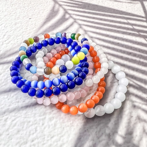 Cat Eye Stone Beaded Bracelet Fashion Round Gemstone Elastic Bangle Jewelry For Women Men