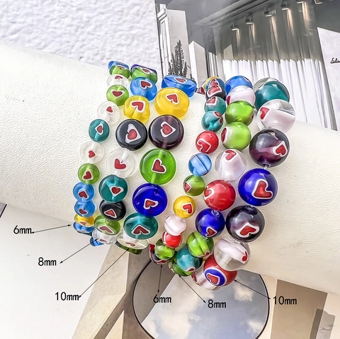 Colorful Lampwork Glass Beaded Bracelet With Heart Pattern Elastic Handmade Jewelry For Men Women Bohemian Style