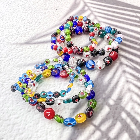 Colorful Lampwork Glass Beaded Bracelet With Heart Pattern Elastic Handmade Jewelry For Men Women Bohemian Style