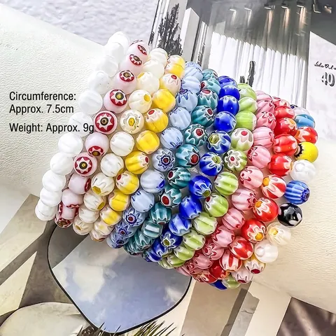 Handgefertigtes Millefiori Glasperlenarmband Buntes Gänseblümchen Blumenmuster Elastisch Böhmischer Schmuck Damen