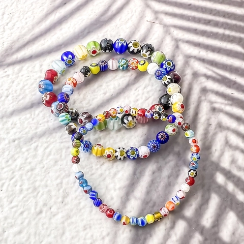 Handgefertigtes Millefiori Glasperlenarmband Buntes Gänseblümchen Blumenmuster Elastisch Böhmischer Schmuck Damen
