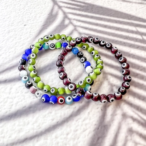 Evil Eye Beaded Bracelet Glass Lampwork Amulet Round Beads Elastic Handmade Ethnic Boho Jewelry For Women Men