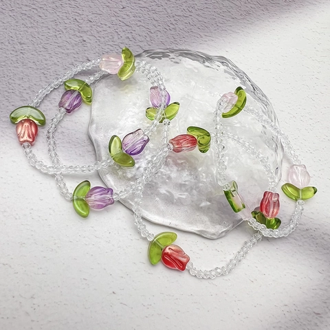 Tulpen Blume Perlenarmband Damen Glas Facettierte Perlen Elastisch Ästhetisch Klar Handgefertigtes Accessoire