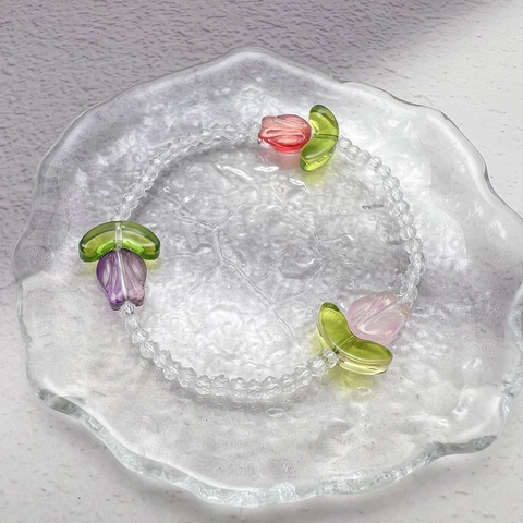 Tulpen Blume Perlenarmband Damen Glas Facettierte Perlen Elastisch Ästhetisch Klar Handgefertigtes Accessoire