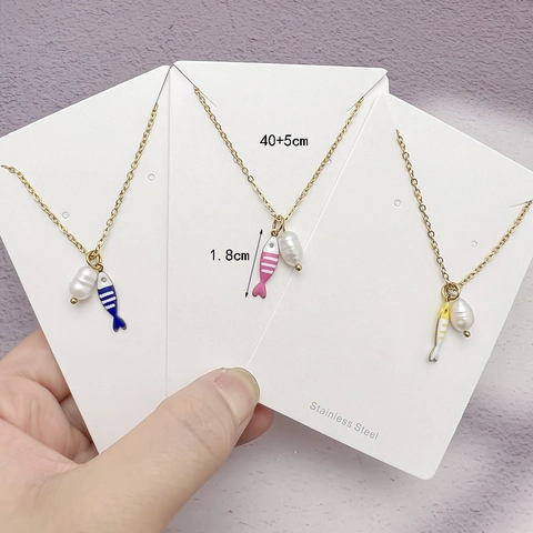 Stainless Steel Ocean Style Fish Pearl Double Pendant Necklace For Women Gold Plated Enamel Fish Clavicle Chain Jewelry