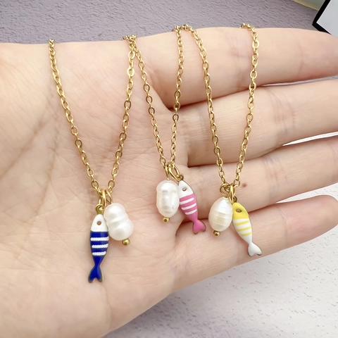 Stainless Steel Ocean Style Fish Pearl Double Pendant Necklace For Women Gold Plated Enamel Fish Clavicle Chain Jewelry