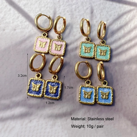 Vlinder Oorbellen 18K Verguld Roestvrij Staal Emaille Vierkante Hanger Franse Vintage Sieraden Voor Dames