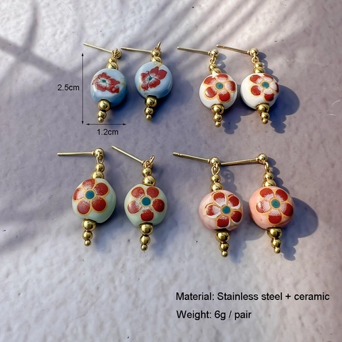 Vintage Chinese Style Round Ceramic Plum Blossom Stud Earrings For Women With Gold Plated Stainless Steel Earring Post