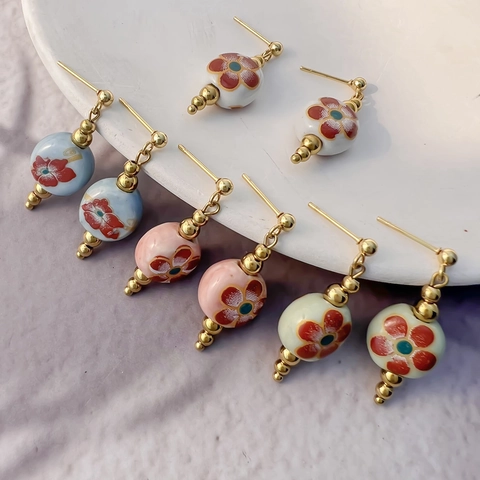 Vintage Chinese Style Round Ceramic Plum Blossom Stud Earrings For Women With Gold Plated Stainless Steel Earring Post