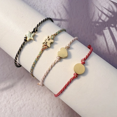 Handmade Woven Rope Bracelet Alloy Charm Heart Butterfly Star Shape Adjustable Simple Sweet Jewelry