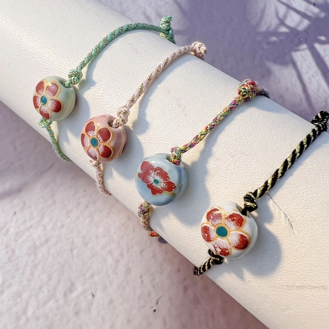 Pulsera De Cuerda Trenzada A Mano Con Cuenta De Cerámica De Flor Estilo Bohemio Pulsera Ajustable Para Mujeres Hombres