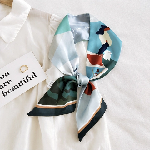 Foulard Mince En Satin Pour Femmes Ruban Long Étroit Illustration Cartoon Imprimé Abstrait Bandeau Sac Accessoire Style Français