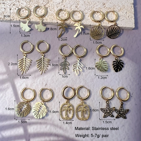 Tropical Leaf Coconut Tree Stainless Steel Hoop Earrings Gold Plated Summer Beach Style Natural Plant Pendants For Women