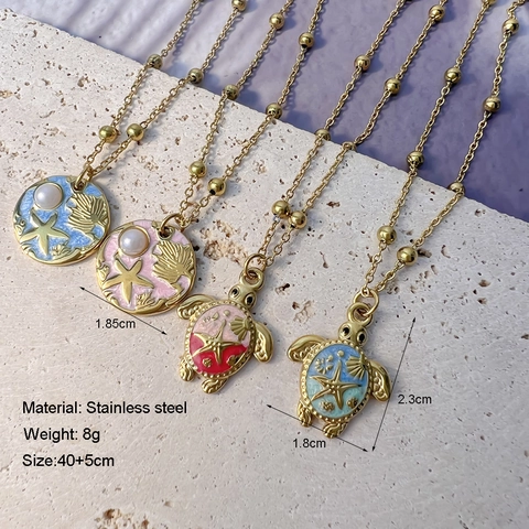 Sea Turtle Starfish Pendant Necklace Stainless Steel 18K Gold Plated Enamel Faux Artificial Pearl Summer Ocean Jewelry For Women