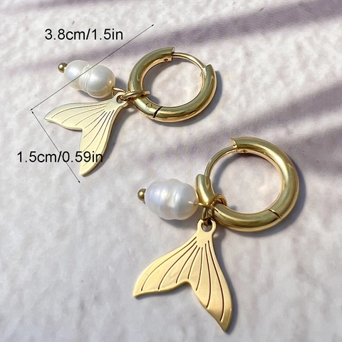Fish Tail Artificial Pearl Hoop Earrings Stainless Steel Baroque Mermaid Tail Charm Jewelry For Women French Light Luxury Style