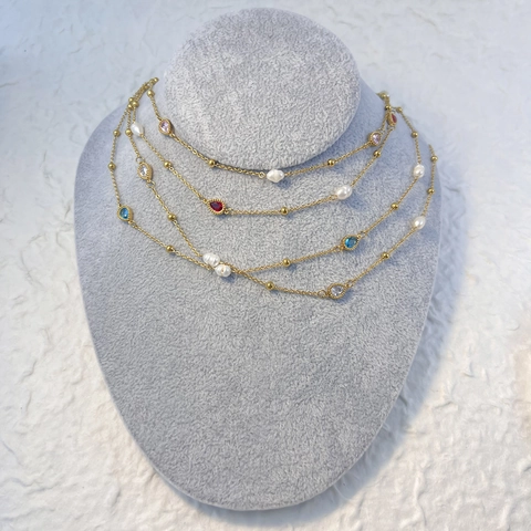 Collier Rétro Français En Acier Inoxydable Avec Perles D'eau Douce Et Pendentif En Zircon Coloré Bijoux Pour Femmes