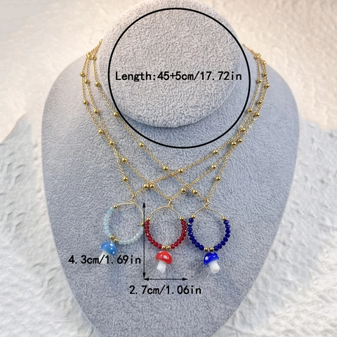 Mushroom Pendant Necklace Stainless Steel Chain Glass Polka Dot Bead Ring Boho Sweet Fashion Jewelry For Women