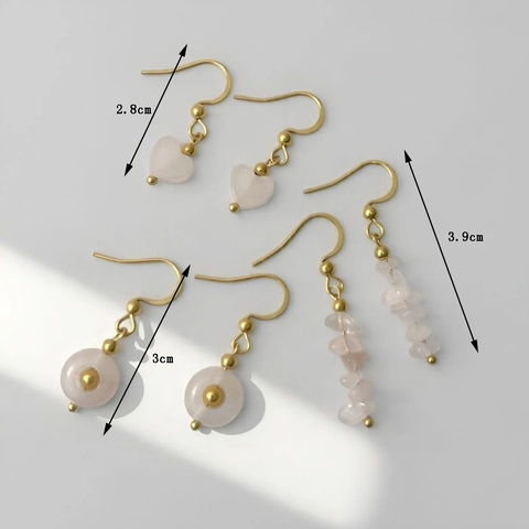 Pendientes Colgantes Cuarzo Rosa Piedra Natural Acero Inoxidable Gancho Oro Corazón Redondo Irregular Mujeres