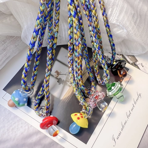 Pilz Anhänger Halskette Lampwork Glas Bunte Handgewebte Seil Boho Wald Stil Schmuck Für Damen