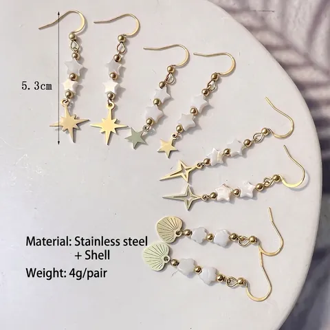 Stainless Steel Star Heart Dangle Earrings For Women Gold Plated Shell Beads Elegant Starburst Drop Earrings