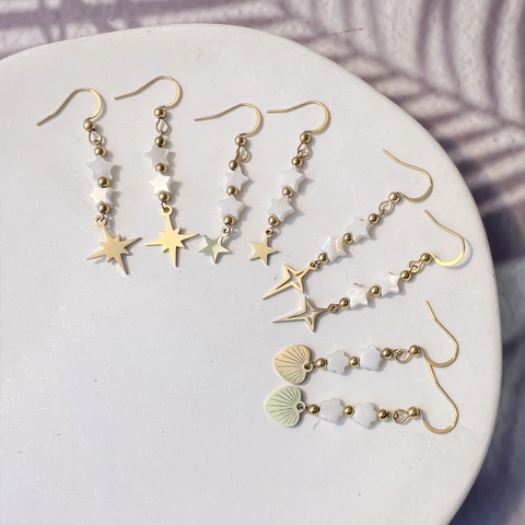 Stainless Steel Star Heart Dangle Earrings For Women Gold Plated Shell Beads Elegant Starburst Drop Earrings