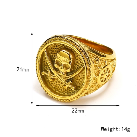 Vintage Punk Pirate Theme Skull Cross Swords Signet Ring Stainless Steel Electroplated Gold Band Rudder Jewelry For Men Women
