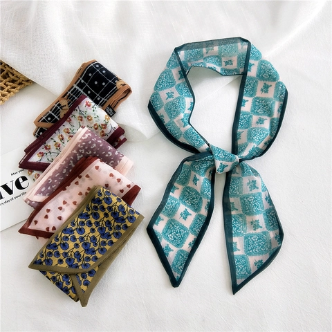 Women Fashion Satin Polyester Narrow Long Scarf Printed Headband Bag Handle Ribbon Elegant Floral Polka Dot Geometric Twilly Scarf