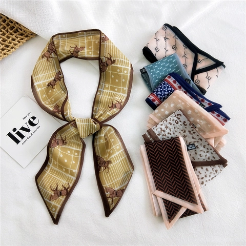 Women Fashion Satin Polyester Narrow Long Scarf Printed Headband Bag Handle Ribbon Elegant Floral Polka Dot Geometric Twilly Scarf