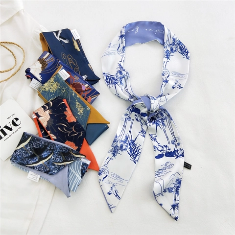 Women Elegant Polyester Satin Narrow Scarf Twilly For Hair Handbag Handle Neck Head Accessories French Vintage Ribbon Scarf
