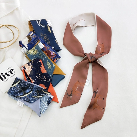Women Elegant Polyester Satin Narrow Scarf Twilly For Hair Handbag Handle Neck Head Accessories French Vintage Ribbon Scarf