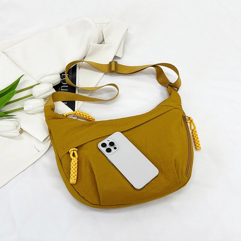 Women Large Capacity Nylon Hobo Bag Dumpling Crossbody Bag With Woven Rope Zipper Pull Adjustable Wide Strap Casual Travel Shoulder Bag
