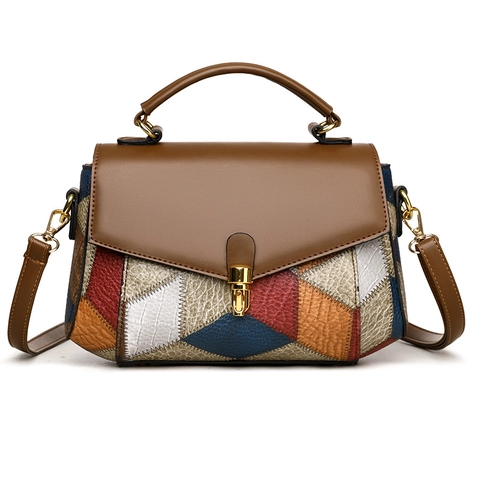 Borsa A Mano Vintage Patchwork Pelle PU Colore A Contrasto Borsa A Tracolla Donna Con Manico