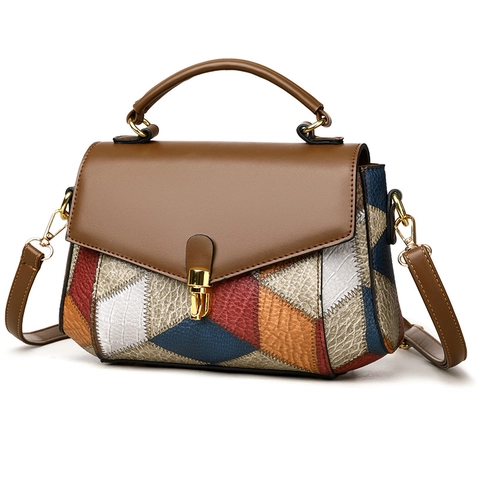 Borsa A Mano Vintage Patchwork Pelle PU Colore A Contrasto Borsa A Tracolla Donna Con Manico