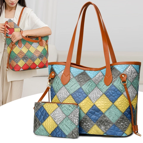 Fashion PU Leather Croco Embossed Patchwork Tote Bag And Pouch For Women Large Capacity Shoulder Handbag Mother-Child Bag