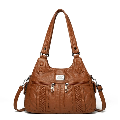 Sac À Bandoulière Femme Cuir PU Souple Multi-Poches Fermeture Éclair Poignée Sac À Main Décontracté Minimaliste