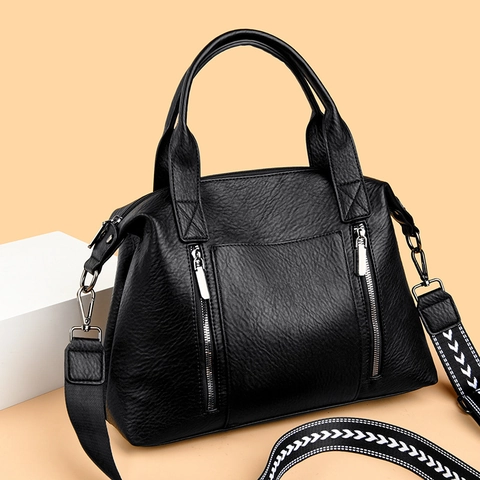 Damen Handtasche Große Kapazität PU Leder Lychee Narbung Retro Lässig Tote Mit Breitem Jacquard Schultergurt Reißverschluss