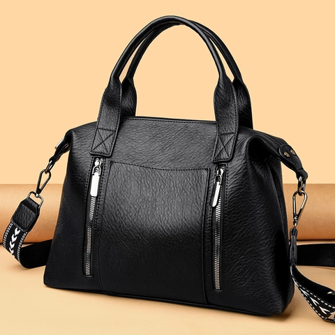 Damen Handtasche Große Kapazität PU Leder Lychee Narbung Retro Lässig Tote Mit Breitem Jacquard Schultergurt Reißverschluss