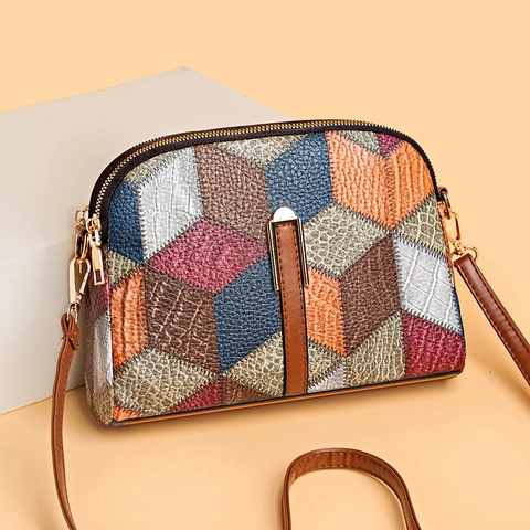 Borsa a Tracolla Donna Patchwork Geometrico in Pelle PU Doppia Cerniera Borsa a Spalla Retro Multicolore Borsa Fotografica