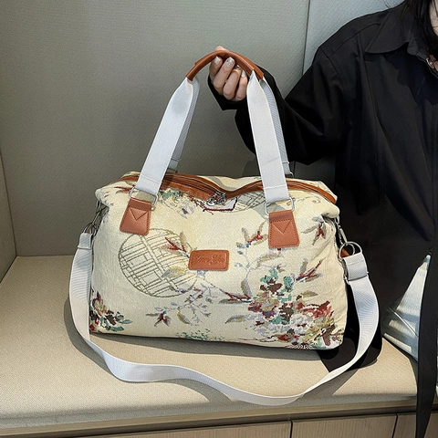Bolso Tote Grande Vintage Jacquard Floral Para Mujer Bolso De Mano De Viaje Oriental Retro Con Asas De Cuero PU Y Correa