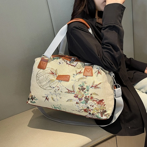 Bolso Tote Grande Vintage Jacquard Floral Para Mujer Bolso De Mano De Viaje Oriental Retro Con Asas De Cuero PU Y Correa