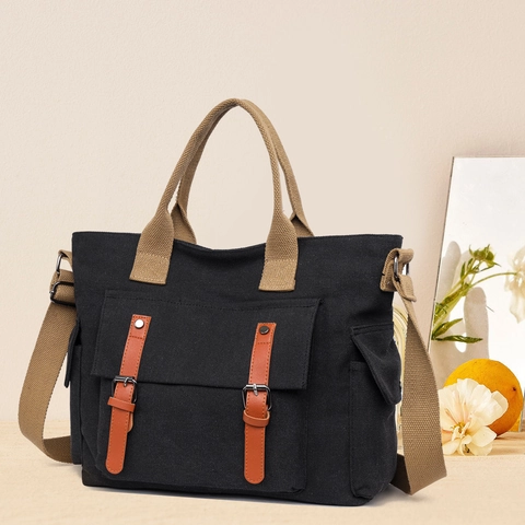 Vintage Dames Canvas Tote Bag Grote Capaciteit Multi Zakken Schoudertas Met Verstelbare Schouderriem Voor Reizen Werk