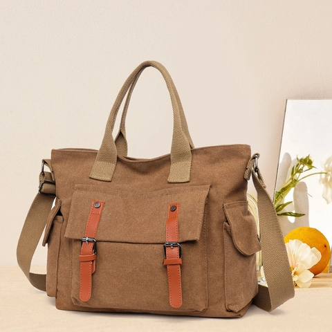 Vintage Dames Canvas Tote Bag Grote Capaciteit Multi Zakken Schoudertas Met Verstelbare Schouderriem Voor Reizen Werk