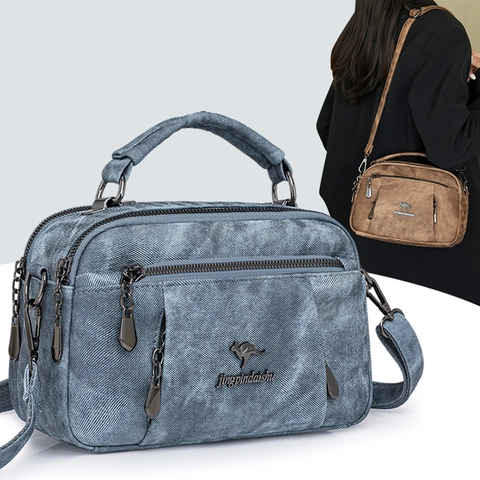 Bolso Bandolera de Cuero PU con Textura para Mujer con Multibolsillos y Logo de Canguro Bolso de Mano Elegante para Diario