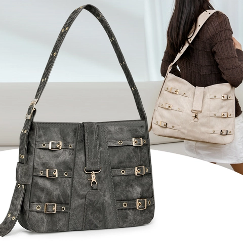 Sac à Épaule Vintage en Cuir PU Grande Capacité Femme Style Industriel Multi Boucles Tote Bag Y2K Punk Fourre-tout Hobo