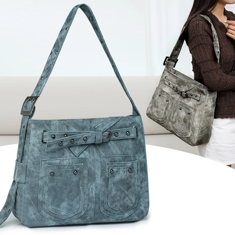Sac à Épaule de Grande Capacité en Cuir PU Lavé Vintage pour Femmes Multi Poche Rivet Décor Bandoulière Réglable