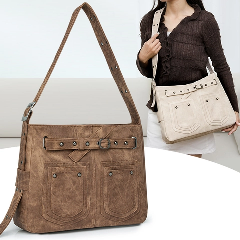 Sac à Épaule de Grande Capacité en Cuir PU Lavé Vintage pour Femmes Multi Poche Rivet Décor Bandoulière Réglable