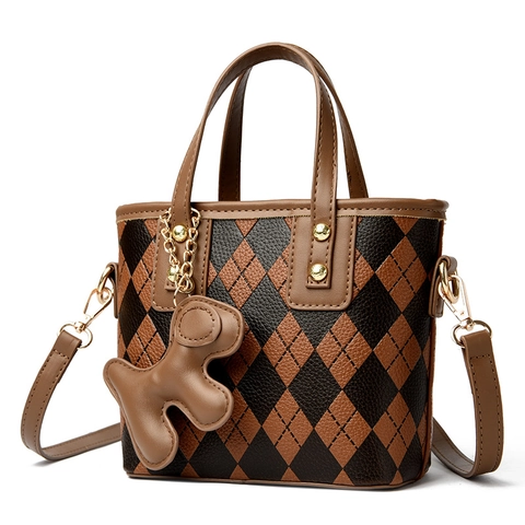 Fashion Women's Mini Bucket Bag Argyle Pattern PU Leather Handbag With Cute Dog Pendant Detachable Strap Crossbody Bag