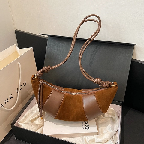 Borsa A Spalla Mezzaluna Vintage Patchwork Camoscio Donna Tracolla Con Nodo Borsa Hobo Minimalista Casual Sottobraccio
