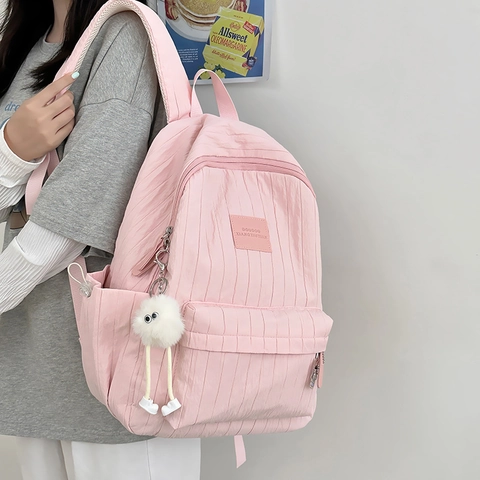 Kids Lightweight Pleated Nylon Backpack Preppy Style School Bag With Cute Plush Pendant For Girls Casual Travel Daypack